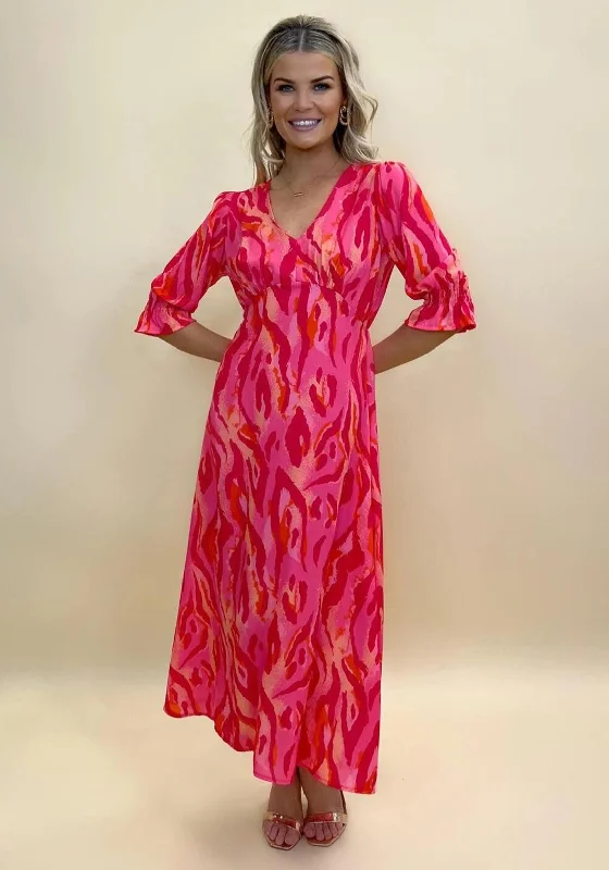 Kate & Pippa Streasa Print Maxi Dress, Red & Pink Trendy Maxi Dress with Belt