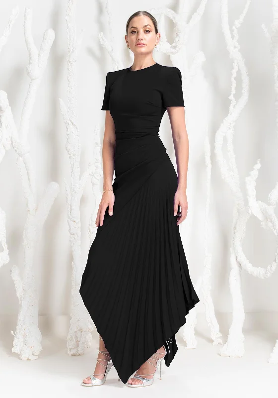 Kevan Jon Blaire Ruched Pleat Maxi Dress, Black Elegant Boho Maxi Dress