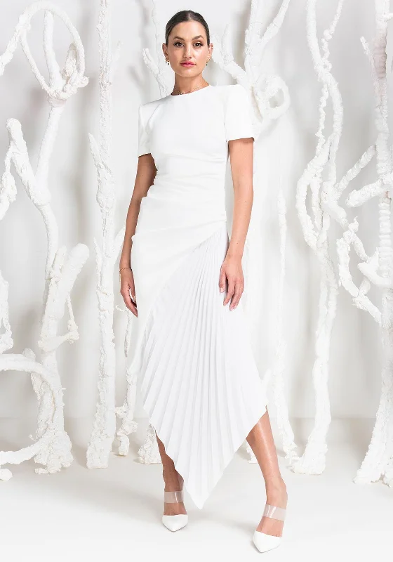 Kevan Jon Blaire Ruched Pleat Maxi Dress, Ivory Elegant Maxi Dress with Ruffles