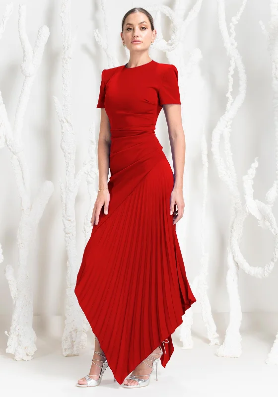 Kevan Jon Blaire Ruched Pleat Maxi Dress, Red Stylish Off-Shoulder Maxi Dress