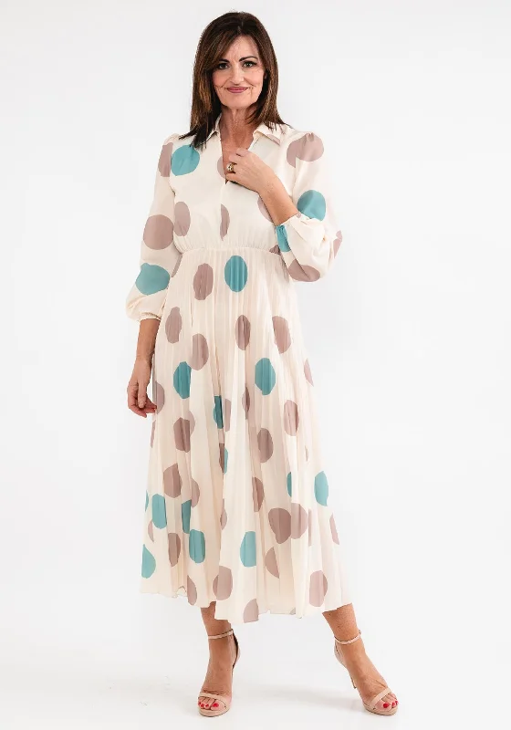 Seventy1 One Size Polka Dot Pleated Maxi Dress, Cream Fashionable Off-Shoulder Maxi Dress