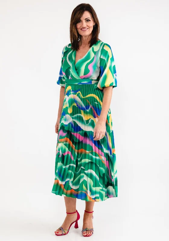 Seventy1 One Size Print Pleated Maxi Dress, Emerald Multi Trendy Maxi Dress with Bow