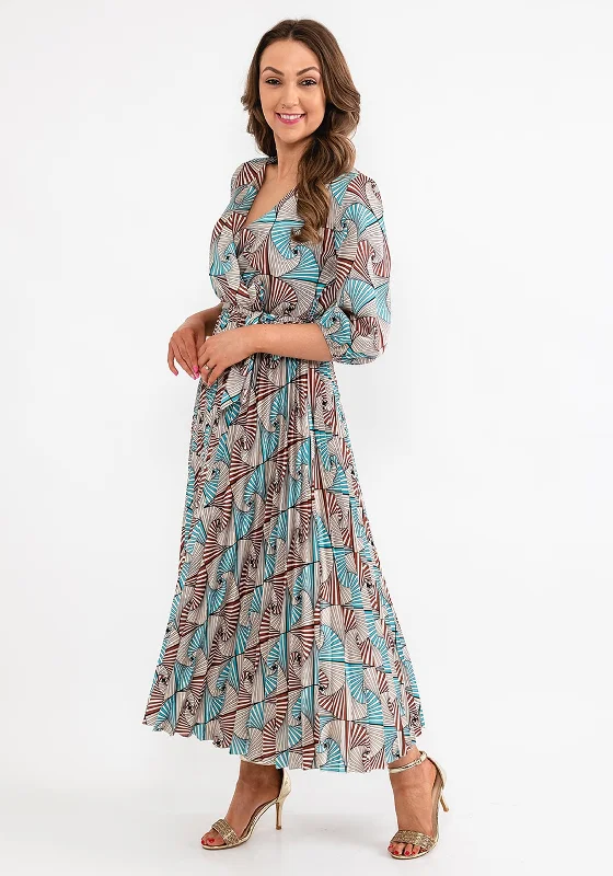 Seventy1 One Size Fan Print Pleated Maxi Dress, Teal Multi Cozy Longline Maxi Dress