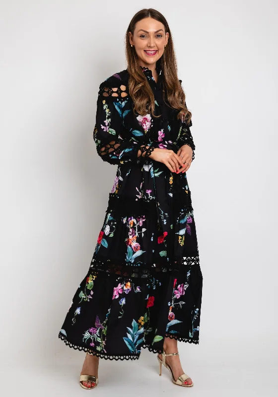 The Serafina Collection Floral Print with Broidery Maxi Dress, Black Multi Comfortable Satin Maxi Dress