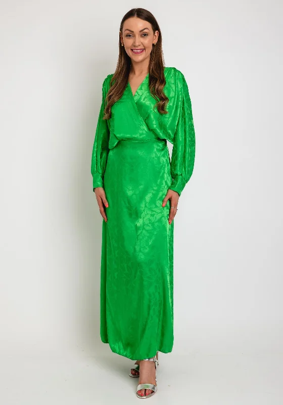 The Sofia Collection Leaf Print Satin Batwing Maxi Dress, Green Comfortable Long-Sleeve Maxi Dress