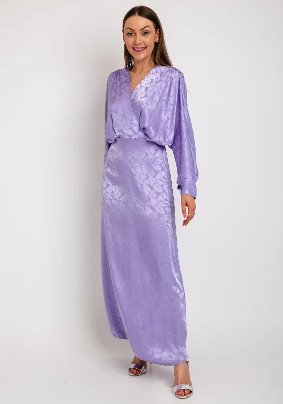 The Sofia Collection Leaf Print Satin Batwing Maxi Dress, Lilac Classic Solid Maxi Dress