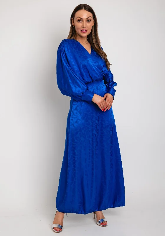 The Sofia Collection Leaf Print Satin Batwing Maxi Dress, Royal Blue Trendy Ruffled Maxi Dress