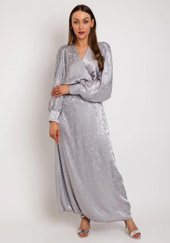 The Sofia Collection Leaf Print Satin Batwing Maxi Dress, Silver Classic Black Maxi Dress