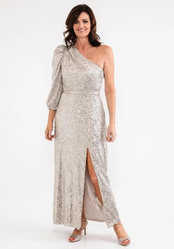 Laura Bernal One Shoulder Sequin Maxi Dress, Nude Comfortable Fit-and-Flare Maxi Dress