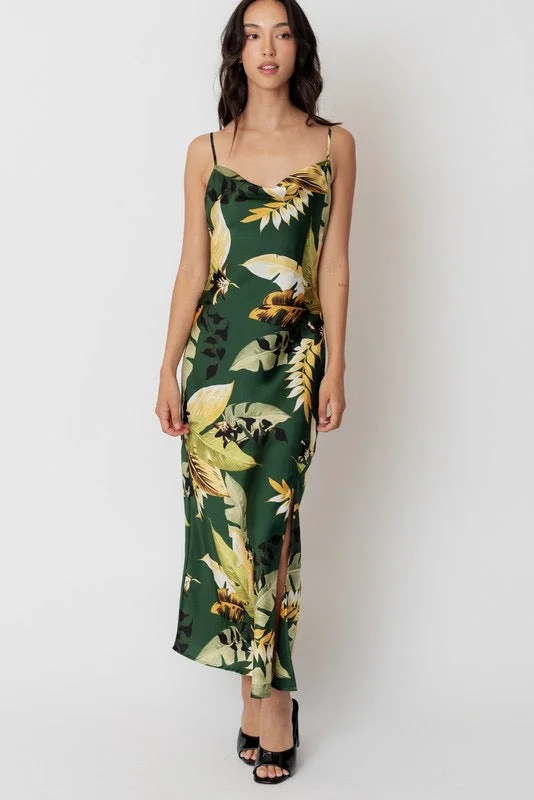 Leaf Print Cowl Maxi Dress Cozy Maxi Dress with Slit