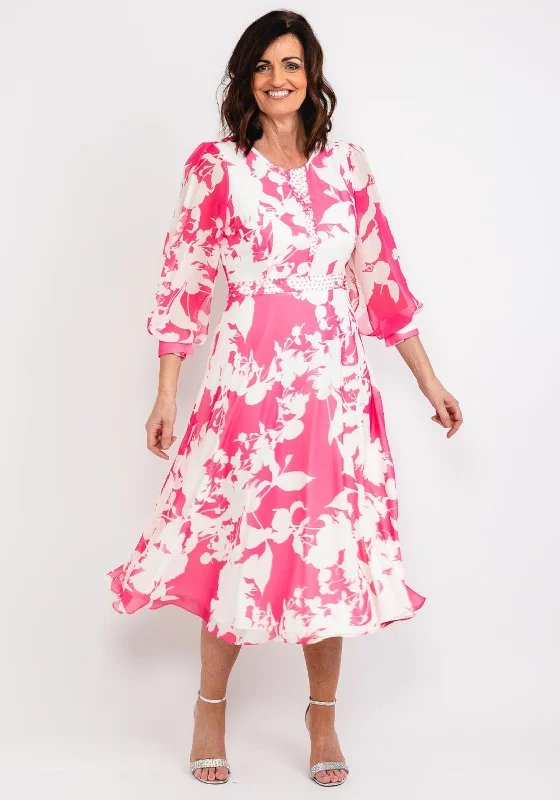 Lizabella Floral Chiffon Maxi Dress, Hot Pink & White Comfortable Ruffle Maxi Dress