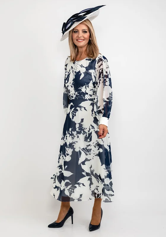 Lizabella Floral Chiffon Maxi Dress, Navy & White Stylish V-Neck Maxi Dress