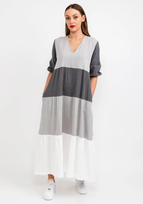 Naya Colour Block Smock Maxi Dress, Silver Elegant Pleated Maxi Dress