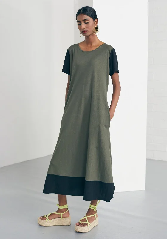 Naya Contrast Trim Smock Maxi Dress, Khaki & Black Comfortable Ruffle Hem Maxi Dress