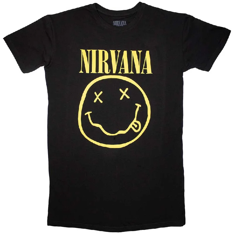 Nirvana | Ladies Official Band T-Shirt Dress | Yellow Happy Face Graphic Embroidered Appliqued