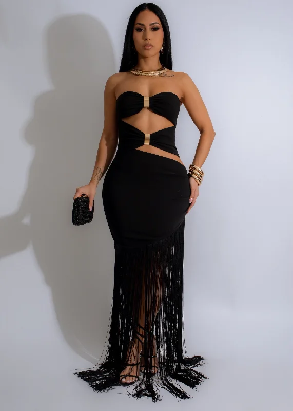 Obsidian Dusk Fringe Maxi Dress Black Stylish Maxi Dress with Frills