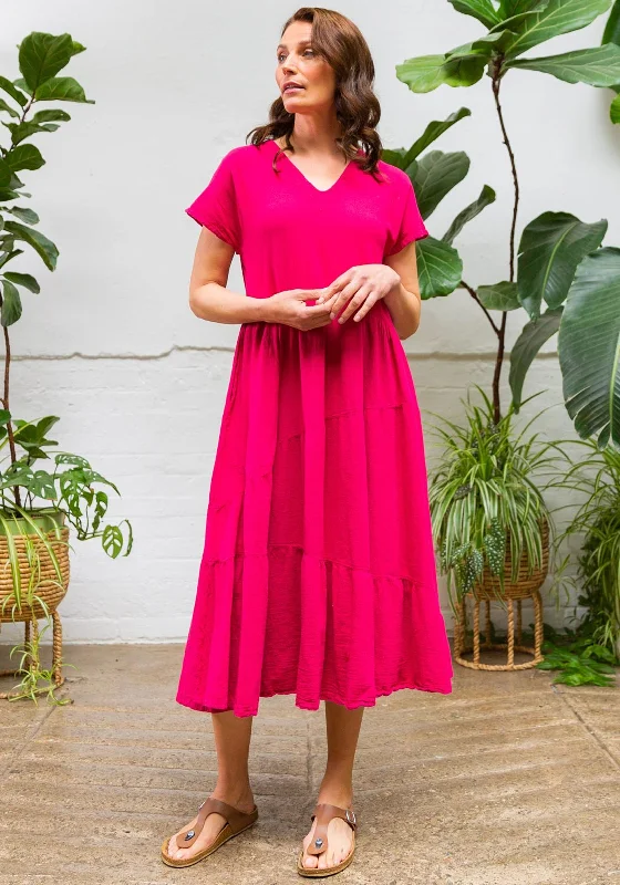 One Life Toucan Tiered Smock Maxi Dress, Fuchsia Trendy Maxi Dress with Lace