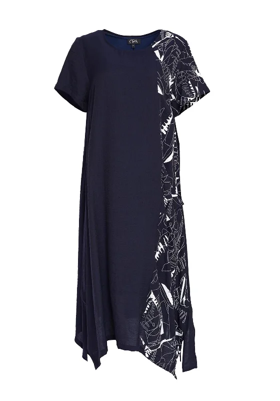 Ora Print Panel Maxi Dress, Navy & White Fashionable Off-Shoulder Maxi Dress