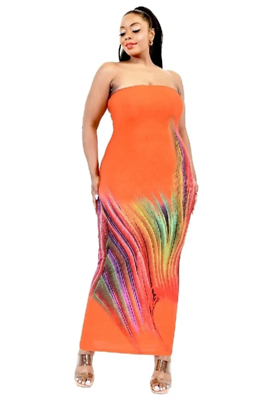 Plus Size Abstract Orange Maxi Dress Fashionable Open-Back Maxi Dress