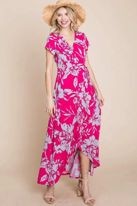 Plus Size Floral Faux Wrap Hi-Low Maxi Dress Fashionable Asymmetrical Maxi Dress