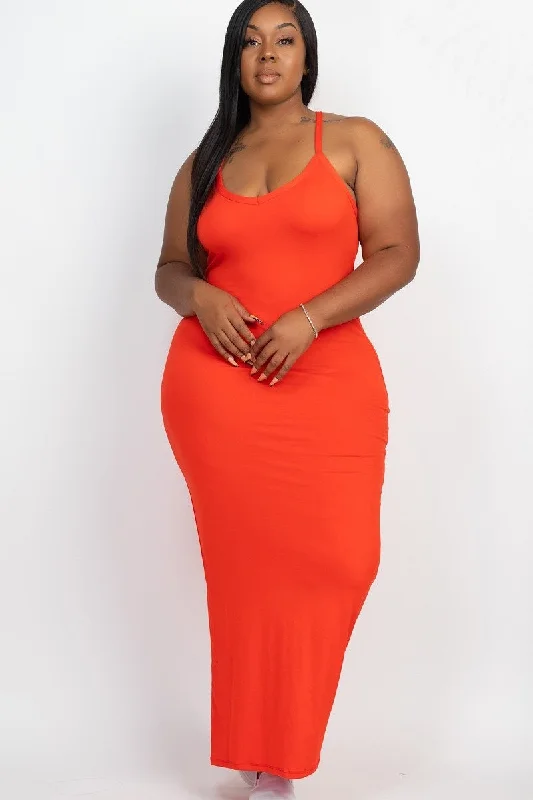 Plus Size Orange Bodycon Maxi Dress Comfortable Fit-and-Flare Maxi Dress