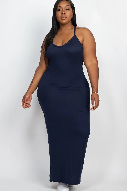 Plus Size Navy Blue Bodycon Maxi Dress Comfortable Long-Sleeve Maxi Dress