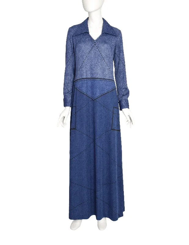 Roberta di Camerino Vintage Denim Look Trompe L'oeil Maxi Dress Cozy Cold-Shoulder Maxi Dress