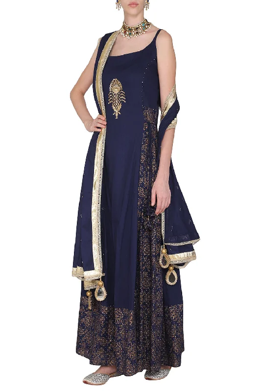 Block Printed Navy Blue Strappy Maxi Dress With Dupatta Cozy Cold-Shoulder Maxi Dress