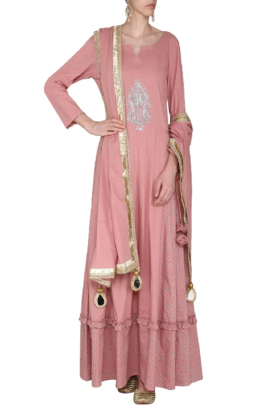 Maxi Dress Dusky Pink With Embroidered Dupatta Elegant Floral Maxi Dress