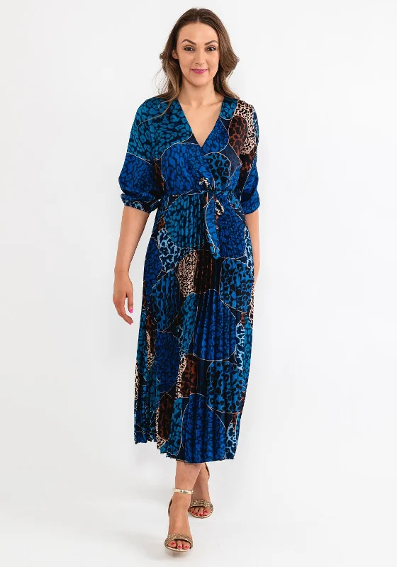 Seventy1 One Size Leopard Print Pleat Maxi Dress, Royal Blue Comfortable Flowy Maxi Dress