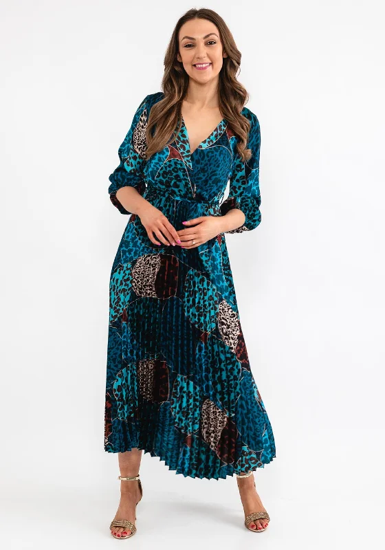 Seventy1 One Size Leopard Print Pleat Maxi Dress, Teal Fashionable Halter Neck Maxi Dress