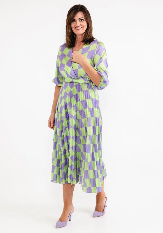 Seventy1 One Size Check Print Pleat Maxi Dress, Green & Lilac Cozy Ruffle Sleeve Maxi Dress