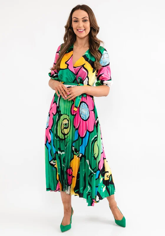 Seventy1 One Size Print Pleat Maxi Dress, Emerald Multi Elegant Maxi Dress with Ruffles