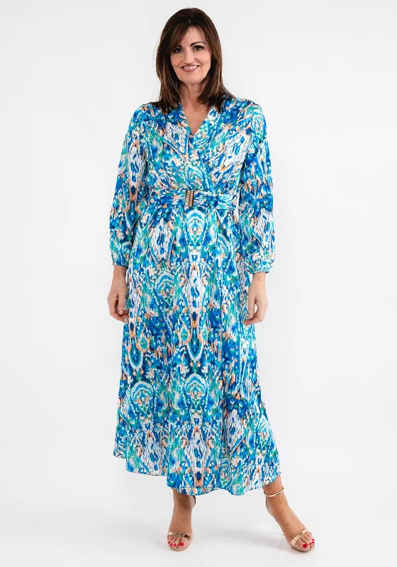 Seventy1 One Size Satin Print Wrap Maxi Dress, Blue Stylish Boho Maxi Dress