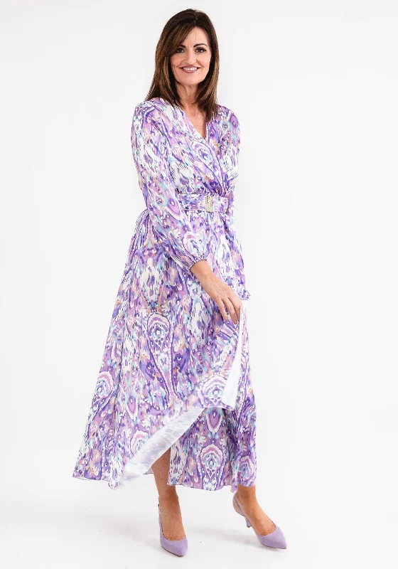 Seventy1 One Size Satin Print Wrap Maxi Dress, Lilac Stylish Maxi Dress with Pleats