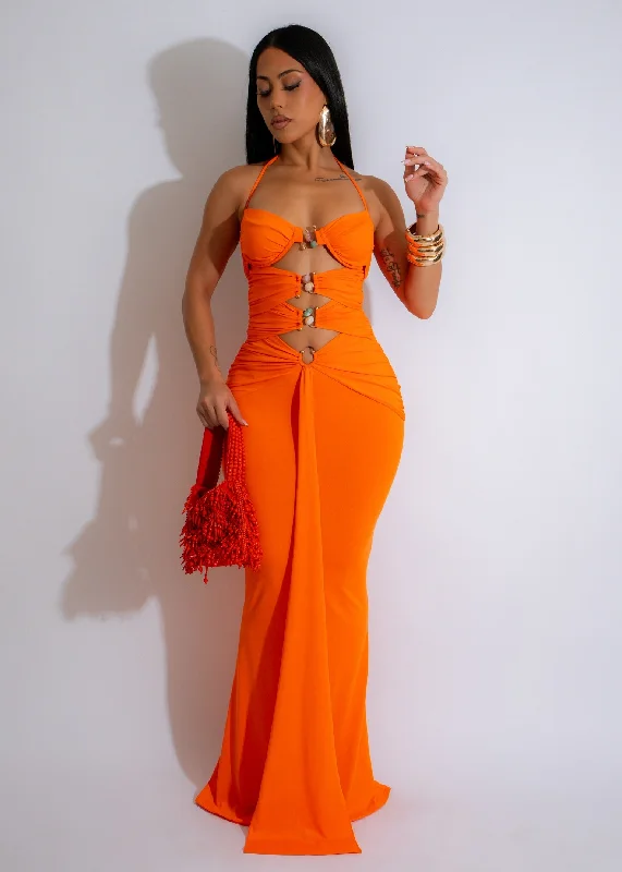 Sunset Goddess Ruched  Maxi Dress Orange Trendy Printed Maxi Dress