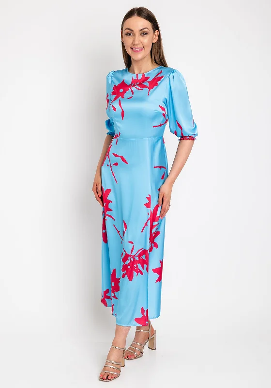 This Girl’s Curiosity Satin Print Maxi Dress, Blue Stylish Maxi Dress with Frills