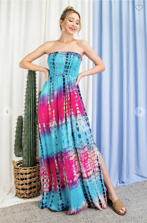 TIE DYE STRAPLESS SMOCKED MAXI DRESS Trendy Floral Print Maxi Dress