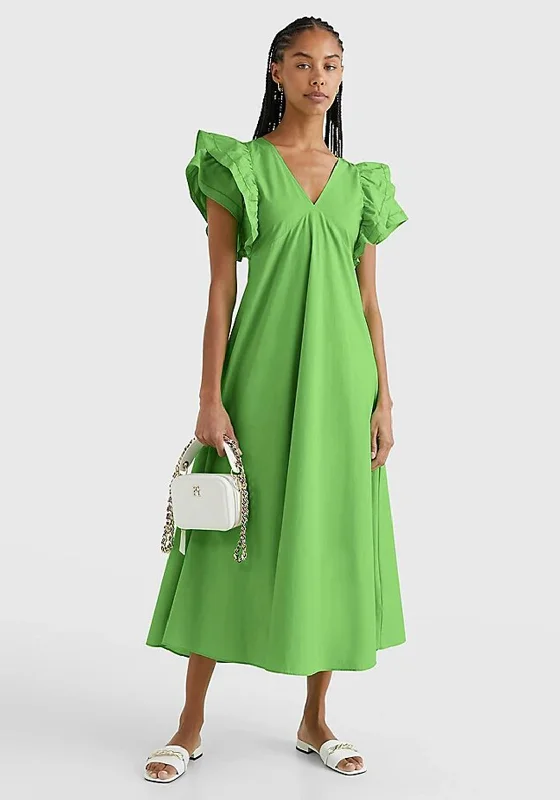 Tommy Hilfiger Womens Frill Maxi Dress, Spring Lime Trendy Short Sleeve Maxi Dress