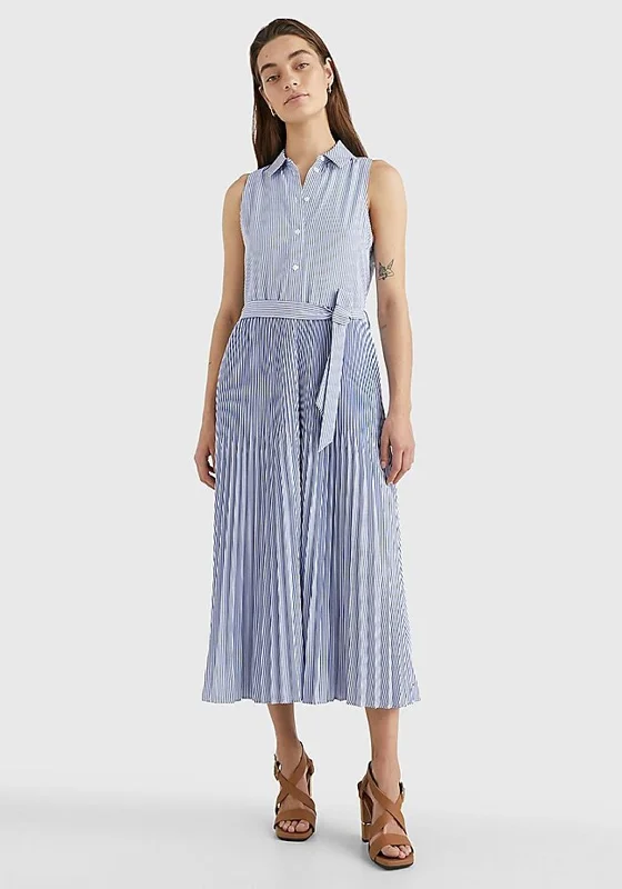 Tommy Hilfiger Womens Striped Maxi Dress, Blue & White Chic Button-Up Maxi Dress