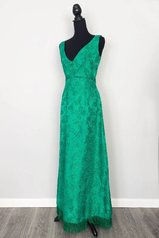 Vintage Emerald Green Brocade Long Empire Waist Maxi Dress with Fringe Comfortable Bohemian Maxi Dress