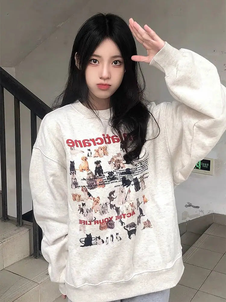 Lunivop Autumn And Winter New Millennium Wind Hoodie Cute Pattern Print Loose Type Hoodie Sweet Wind Y2k Hoodie Top Hoodie with Distressed Vintage Worn