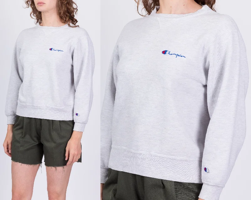 90s Champion Heather Grey Cropped Sweatshirt - Medium Hoodie with Hem Ribbing Snug Secure