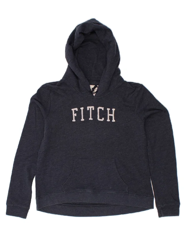 ABERCROMBIE & FITCH Womens Graphic Hoodie Jumper UK 14 Medium Navy Blue Hoodie with Hem Applique Textured Unique