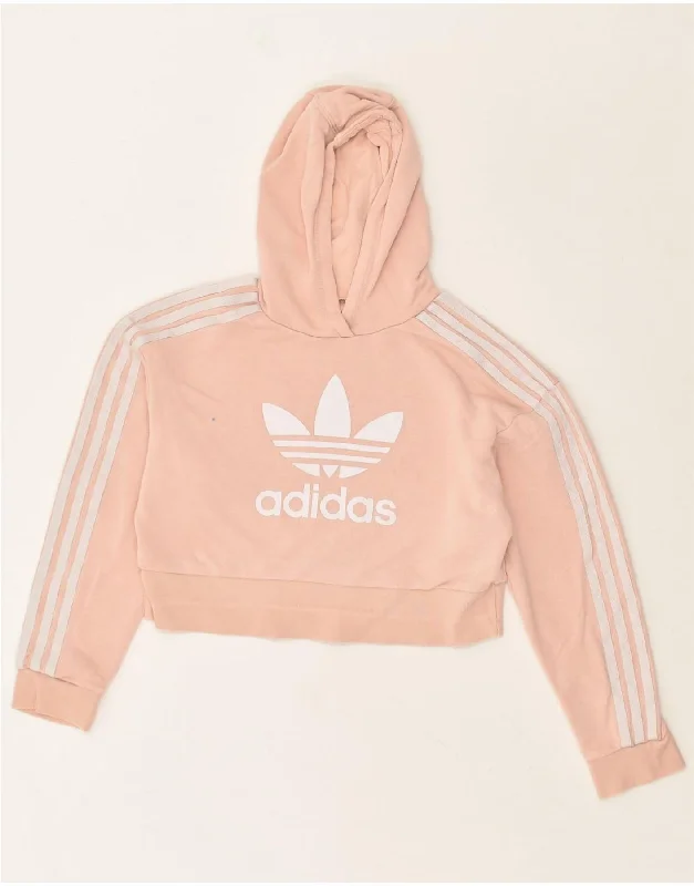 ADIDAS Girls Graphic Crop Hoodie Jumper 9-10 Years Pink Cotton Hoodie with Lace Feminine Delicate