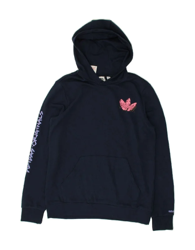 ADIDAS Girls Graphic Hoodie Jumper 14-15 Years Navy Blue Cotton Hoodie with Hem Frayed Vintage Worn