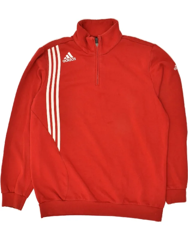 ADIDAS Mens Zip Neck Sweatshirt Jumper UK 46/48 XL Red Cotton Hoodie with Button Placket Classic Preppy