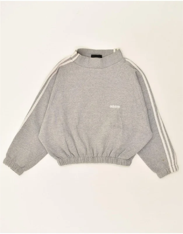 ADIDAS Womens Crop Sweatshirt Jumper EU 42 Large Grey Hoodie with Color Block Contrast Stylish