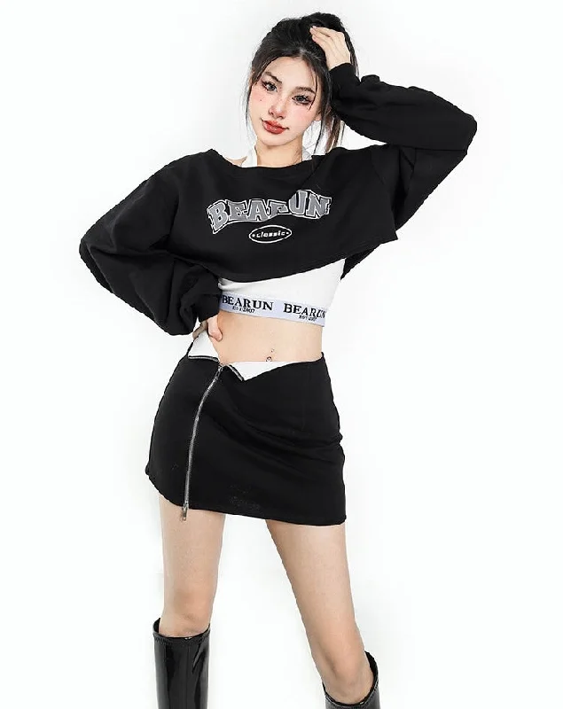 BEAURUN CLASSIC Graphic Print Solid Color Black Cropped Sweatshirt Zip Up Mini Skirt Matching Set Hoodie with Hem Embroidery Detailed Premium