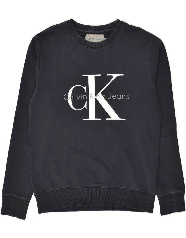 CALVIN KLEIN JEANS Mens Graphic Sweatshirt Jumper Small Navy Blue Cotton Hoodie with Hem Fringe Bohemian Relaxed